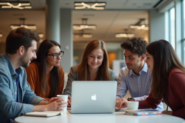 Group of university students collaborating around a laptop, showcasing scalable LMS interface